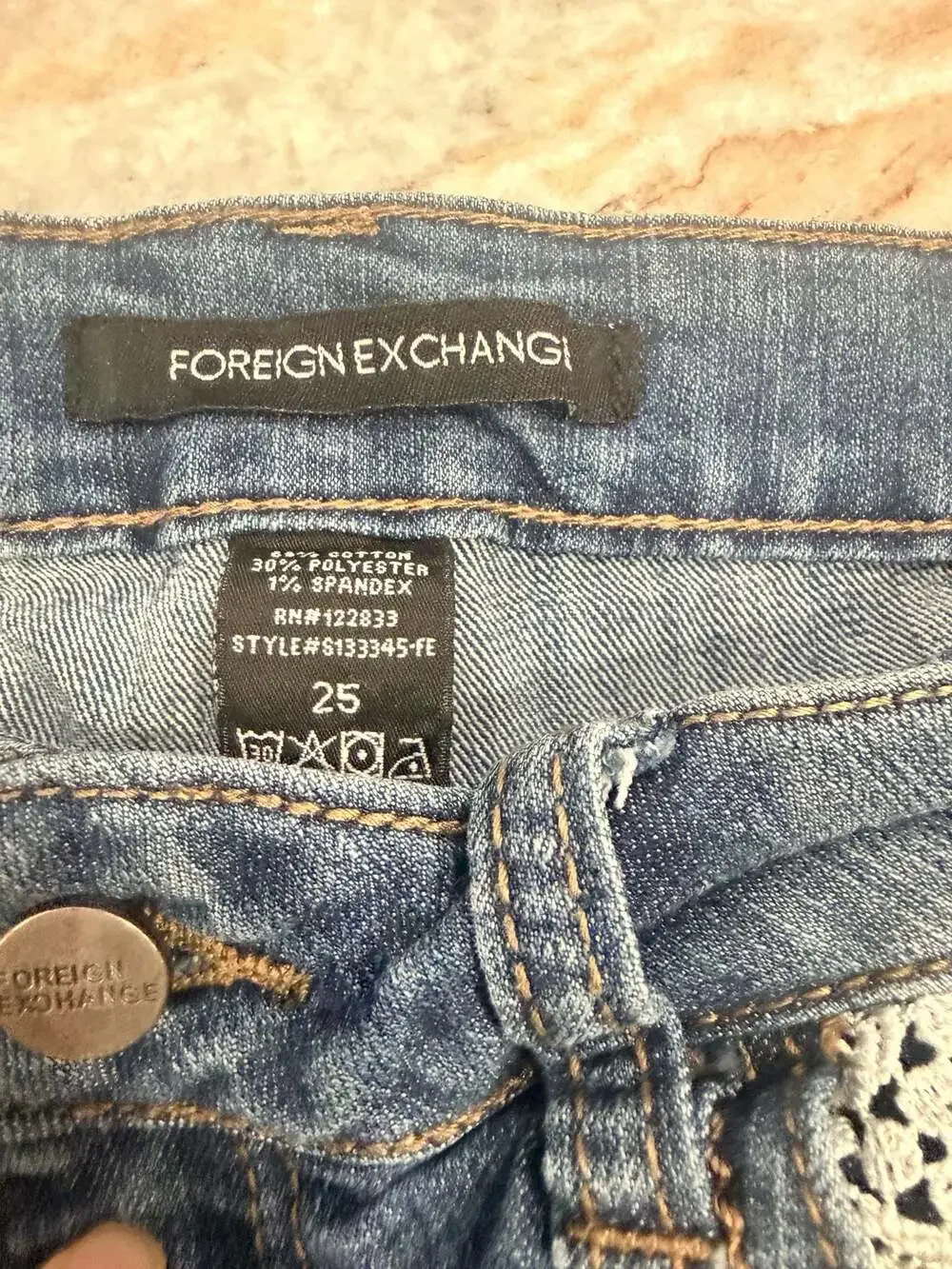 Foreign Exchange Distressed Denim Shorts with Lace Pocket Detail